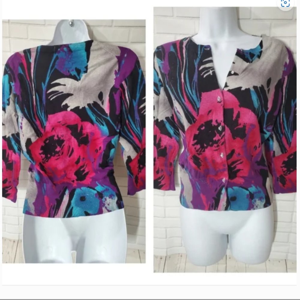 Express Design Studio Abstract Pink, Purple, Blue & Black 3/4 Sleeve Sweater
